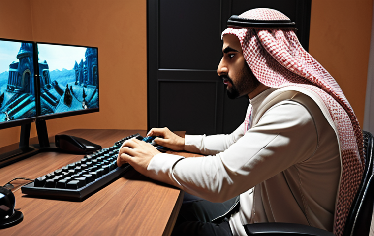 A highly detailed, cinematic shot featuring an experienced Arab Lineage 2 player, deeply engrossed in a gaming session. The player, seated at a modern gaming desk, exhibits a calm and focused expression, reflecting years of mastery and problem-solving. On the monitor, a vibrant Lineage 2 raid or grand siege is unfolding smoothly, showcasing optimal performance. Subtle elements like a vintage Lineage 2 game box or a stack of worn-out troubleshooting notes on the desk hint at the player's long and challenging journey. The background incorporates elements of a comfortable yet sophisticated gaming setup, possibly with subtle Arabic geometric patterns or decor, creating an atmosphere of dedication and triumphant expertise. Emphasize realistic rendering with a touch of high fantasy, digital art style.