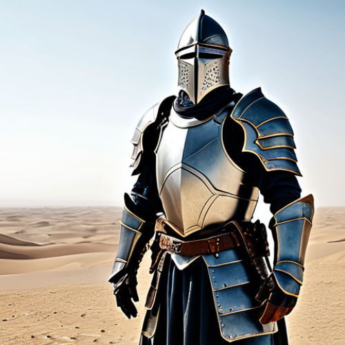 Home 9 The Stalwart Tank**
A fully armored knight, clad in intricately detailed steel plate armor (appropriate attire), stands defiantly on the front lines. A desert landscape (similar to those found in some Arab countries) stretches behind him. His shield is raised, deflecting an unseen blow. Perfect anatomy, correct proportions, well-formed hands. Safe for work. Professional fantasy illustration. High quality. Modest armor design.
**